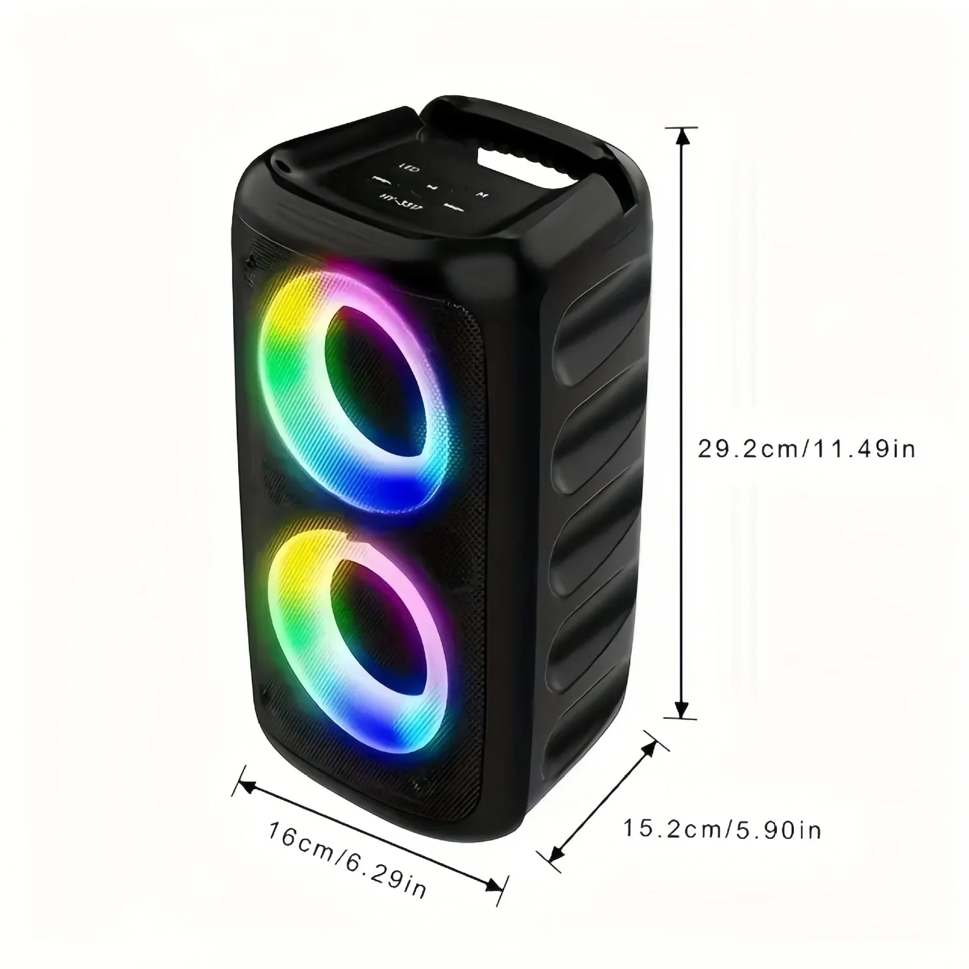 Portable black karaoke speaker with dual LED light rings, top handle, and dimension labels.