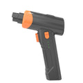 Handheld grey and orange electric pet nail grinder with a power button and LED battery level indicators.