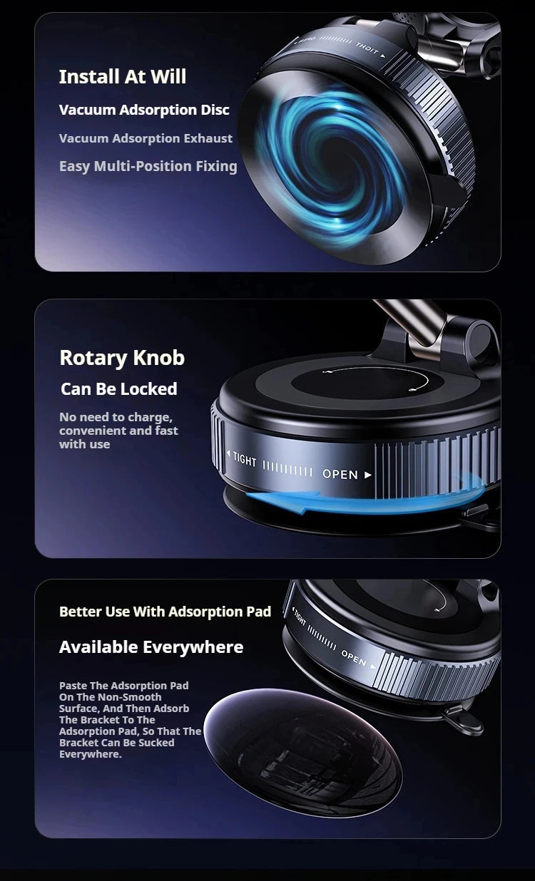 Black circular vacuum suction mount with a rotary locking knob and adhesive pad for multi-surface installation.