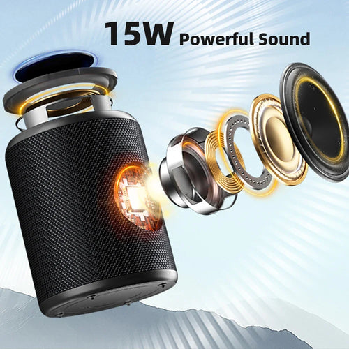 Black cylindrical portable Bluetooth speaker with an exploded-view diagram showing internal 15W speaker components.
