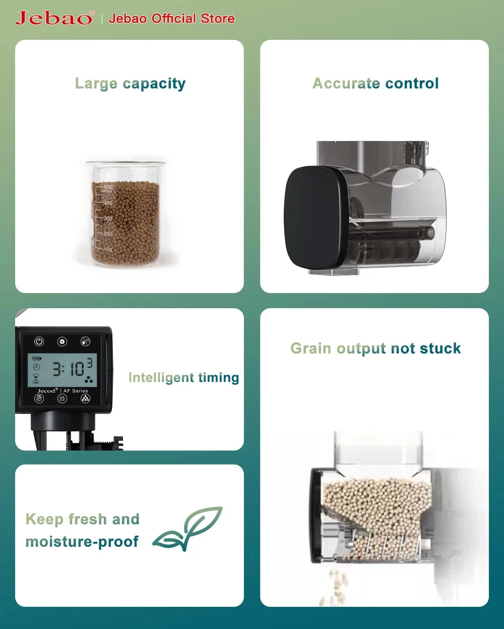Automatic aquarium fish food dispenser with a digital timer display, transparent storage hopper, and moisture-proof cap.