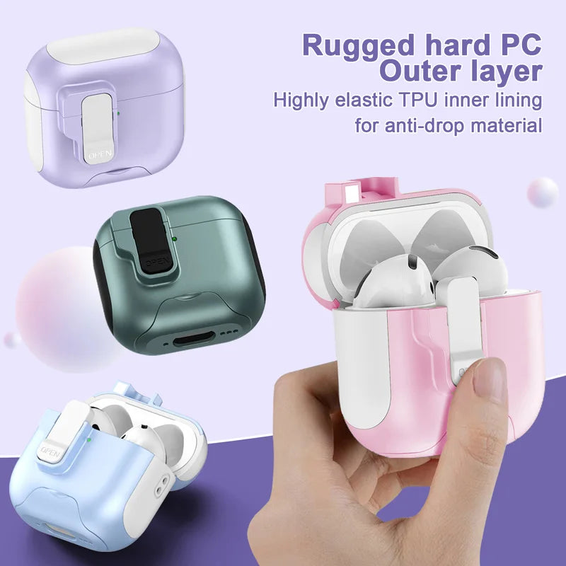 Rugged PC and TPU protective cases for AirPods Pro in various colours including lilac, green, pink, and light blue.