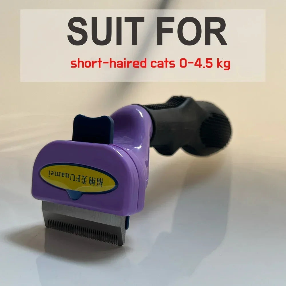 Purple and black cat shedding tool with a metal blade and push-button release, suitable for small short-haired cats.