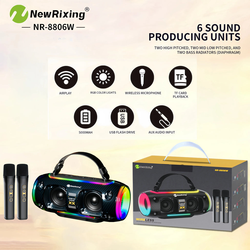 Portable black wireless karaoke speaker with two microphones, colourful RGB light rings and a carry handle.