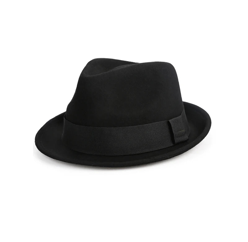 Classic black unisex wool felt fedora hat with a matching ribbon band, isolated on a white background.