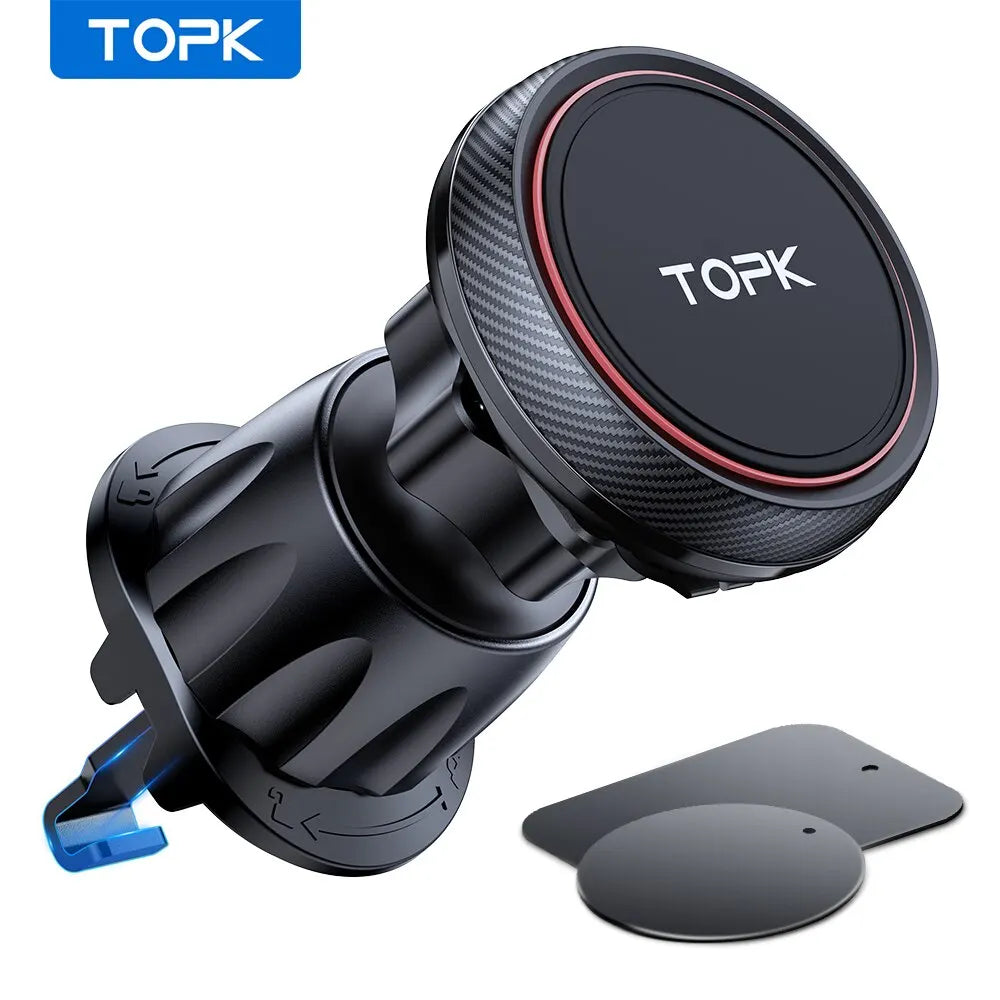 Black magnetic car phone mount for air vents with carbon fiber texture and red ring accent, plus two metal plates.