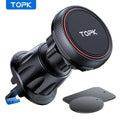Black magnetic car phone mount for air vents with a carbon fiber texture and metallic red rim. Includes metal plates.