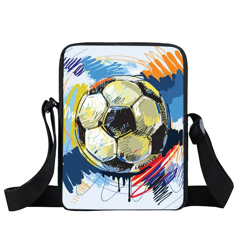 Small rectangular shoulder bag featuring a white, yellow, and black football print with colourful artistic scribbles.