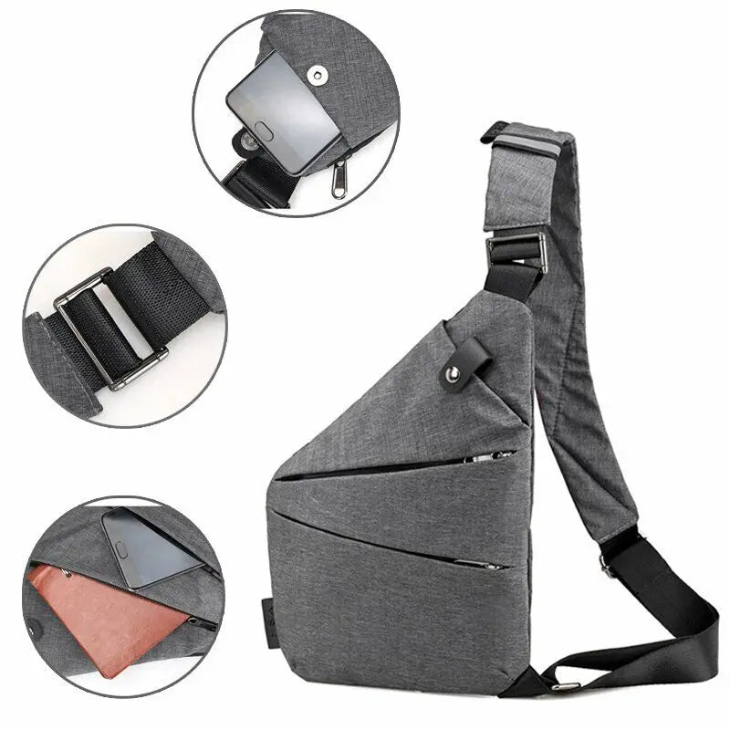 Grey men’s waterproof crossbody chest bag with adjustable strap and multiple secure zip compartments for valuables.