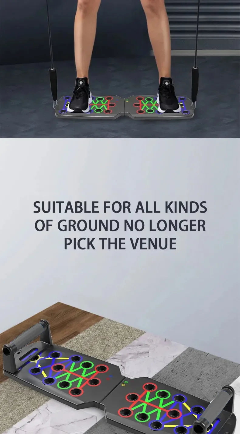 A black, foldable 30-in-1 push-up board with multi-coloured exercise slots and attached resistance band handles.