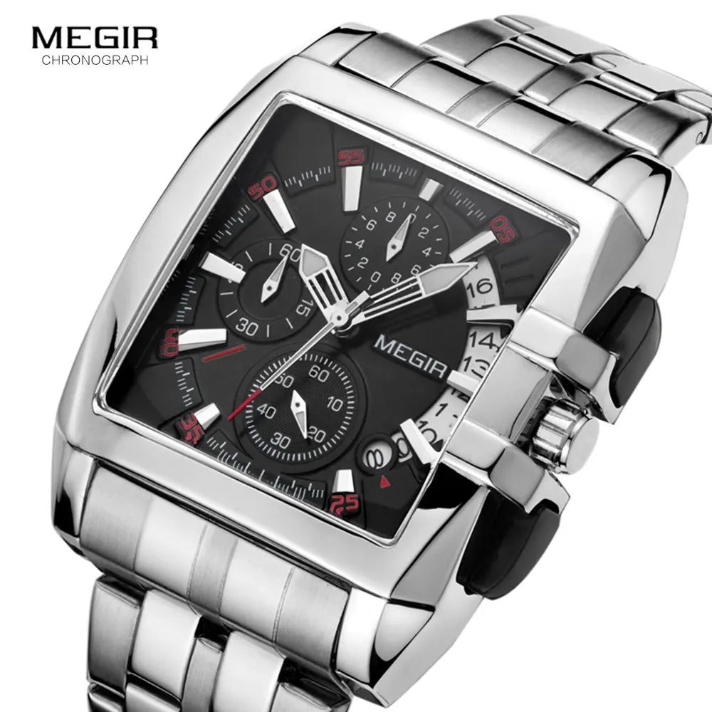 Men's square-faced stainless steel chronograph watch with a black dial, sub-dials, and luminous hands.