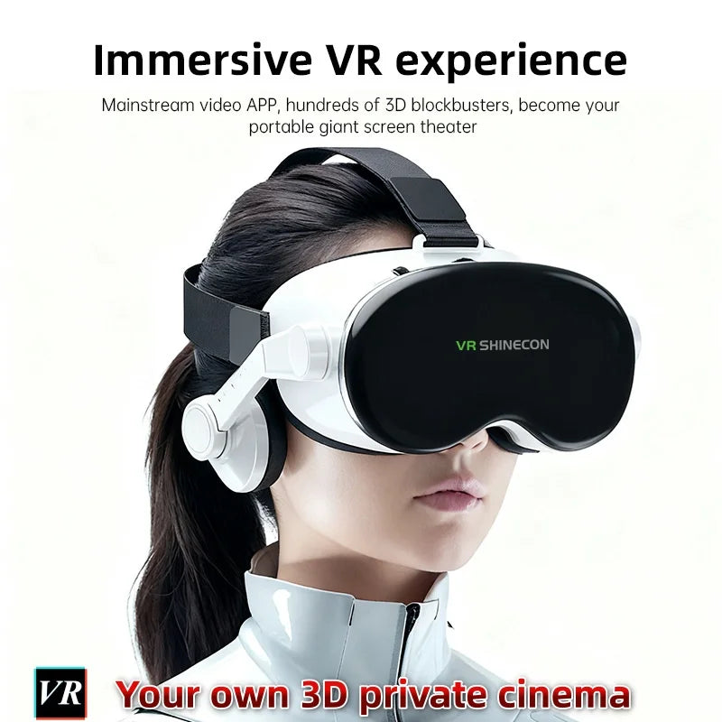 White VR headset with black faceplate and built-in headphones worn by a person, featuring adjustable straps.