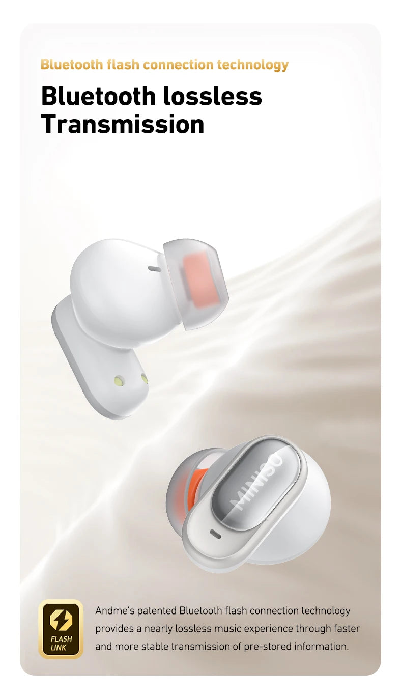 Sleek white wireless earbuds featuring a modern, minimalist design with orange accents on the ear tips.