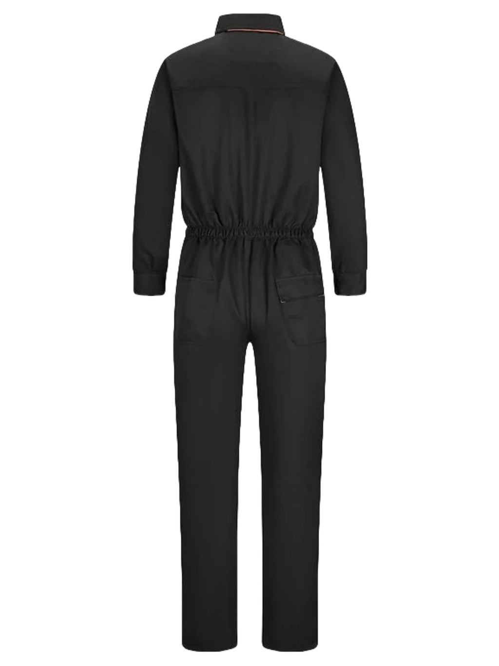 Back view of black heavy-duty workshop coveralls with an elasticated waist and two rear pockets.