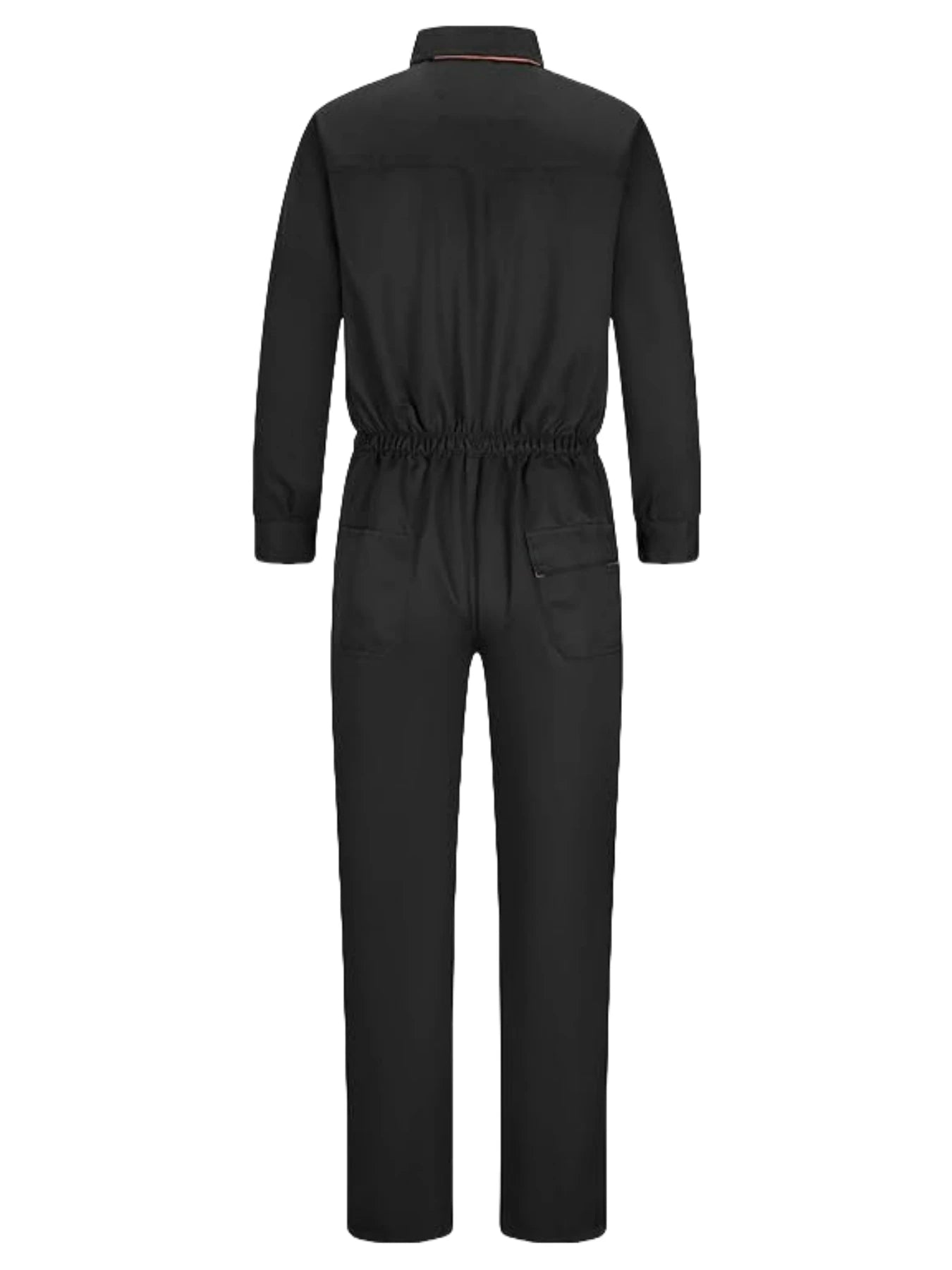 Back view of black heavy-duty workshop coveralls with an elasticated waist and two rear pockets.
