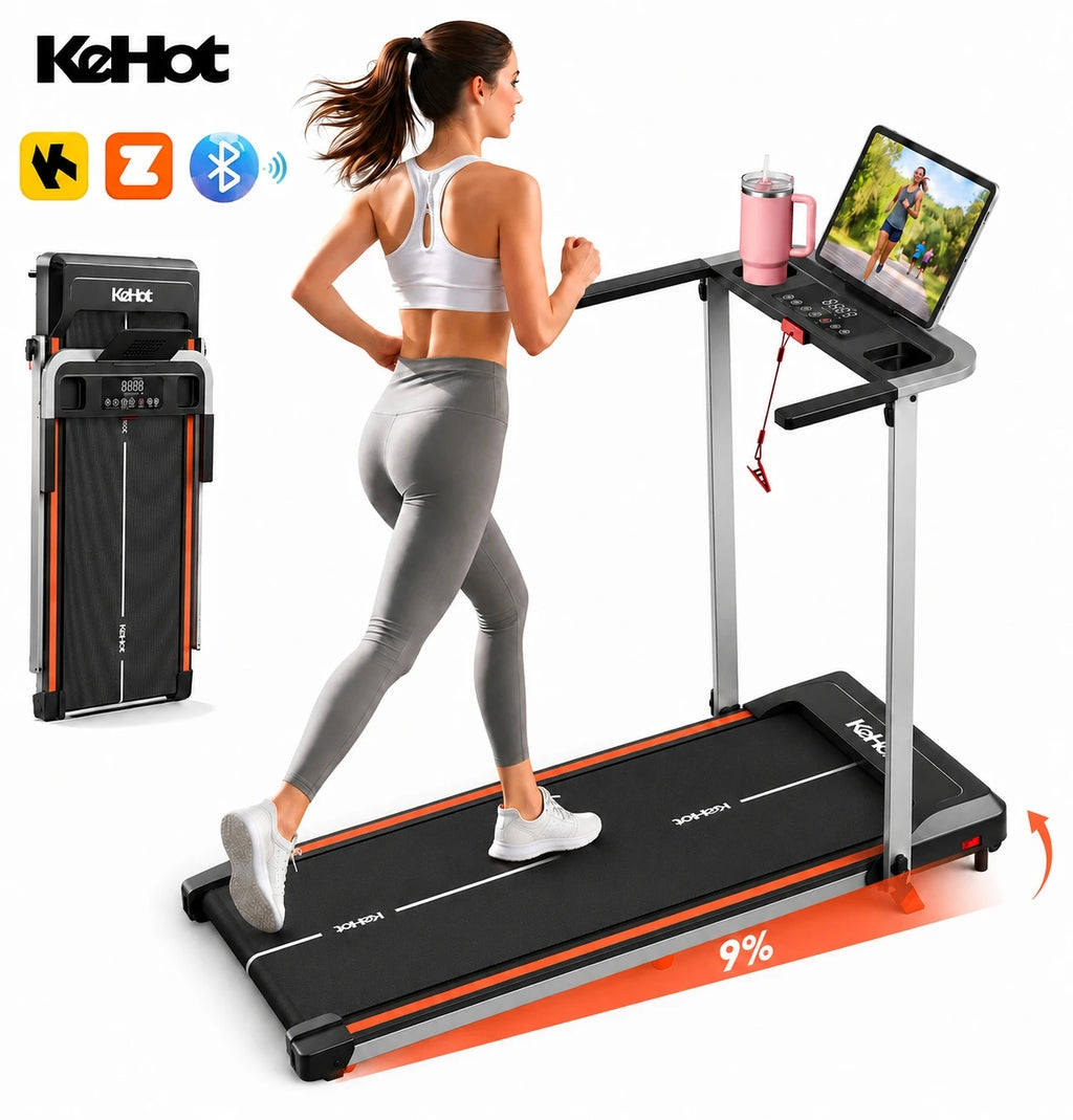 A woman running on a folding treadmill with a 9% incline, tablet holder, and pink cup.