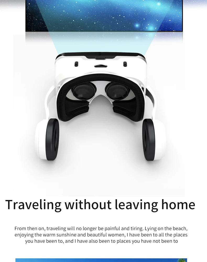 White and black smartphone VR headset with integrated headphones and cushioned eye pads, viewed from above.