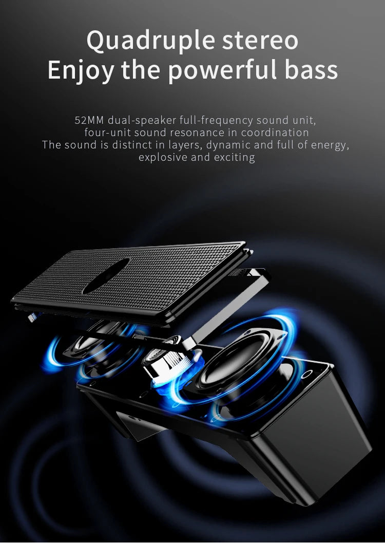 Sleek black USB computer soundbar with an exploded view showing dual internal speakers and blue light effects.