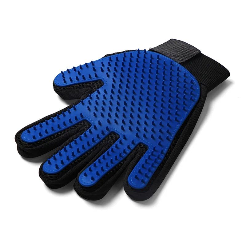 Blue silicone pet grooming glove with soft rubber bristles and a black mesh base, featuring an adjustable wrist strap.