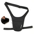 Black anti-theft crossbody travel pouch with two zipped compartments and adjustable straps, shown with an inner pocket.