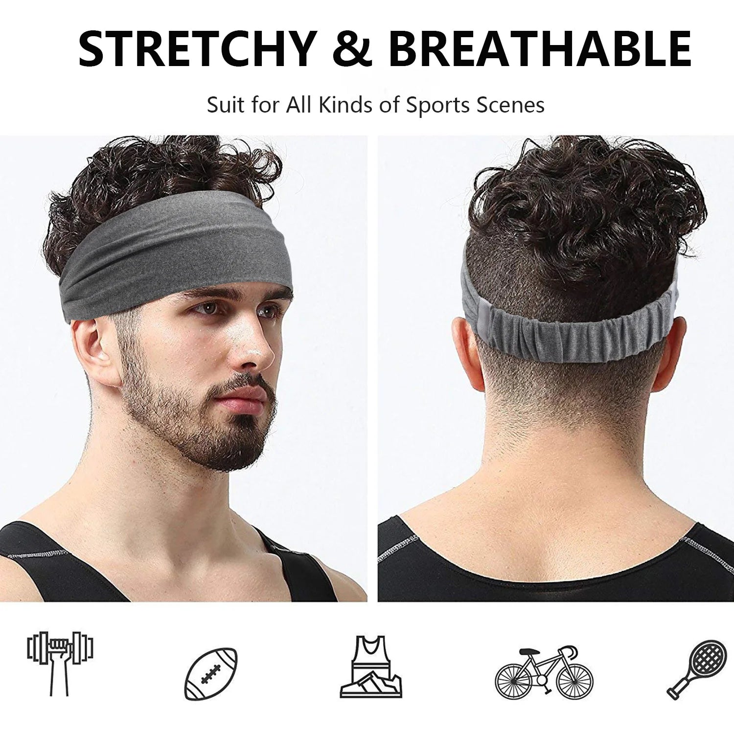A man wearing a grey, stretchy, breathable sports headband, shown from the front and back.