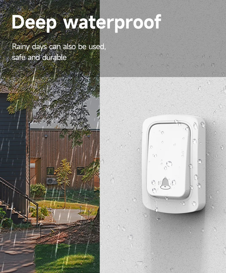 White, modern wireless doorbell button mounted on a wall during rain, highlighting its waterproof design.