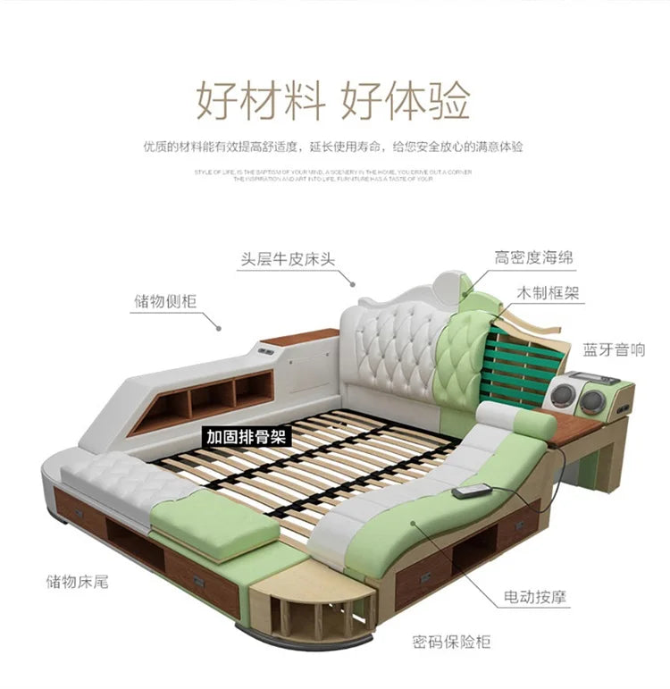 Modern white and green double bed with integrated storage drawers, slatted base, bedside shelving, and audio speakers.