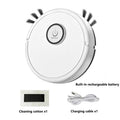 White robotic vacuum cleaner with a top power button, side brushes, cleaning cotton, and a USB charging cable.