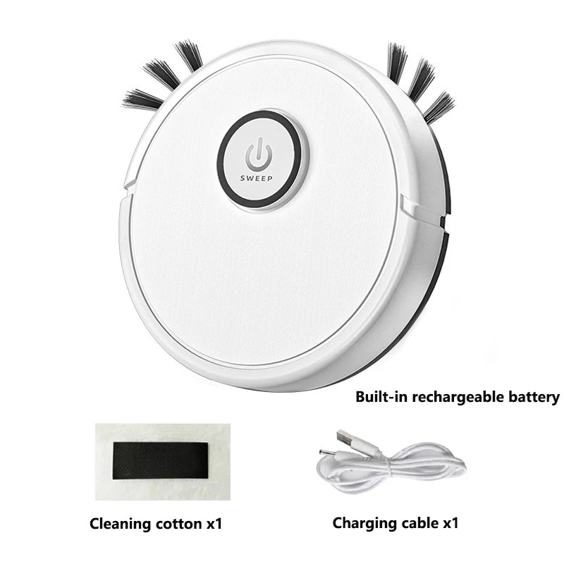 White robotic vacuum cleaner with a top power button, side brushes, cleaning cotton, and a USB charging cable.