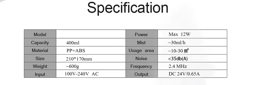 Specification table for a 400ml smart WiFi wooden-style essential oil diffuser, detailing technical power and output.