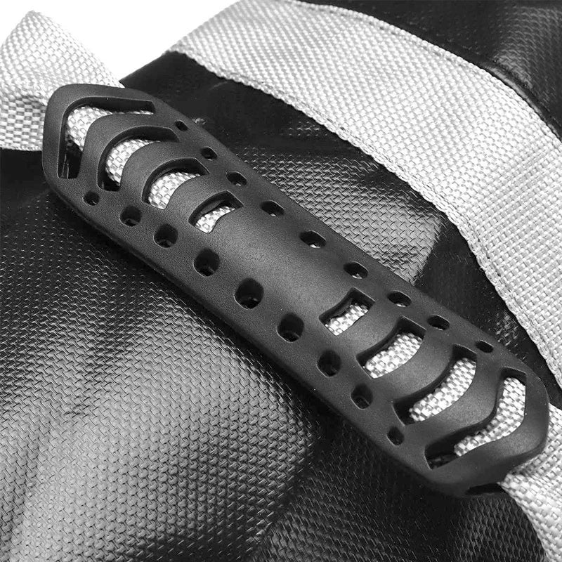 Black fitness sandbag with a durable rubber handle grip and grey nylon strap.