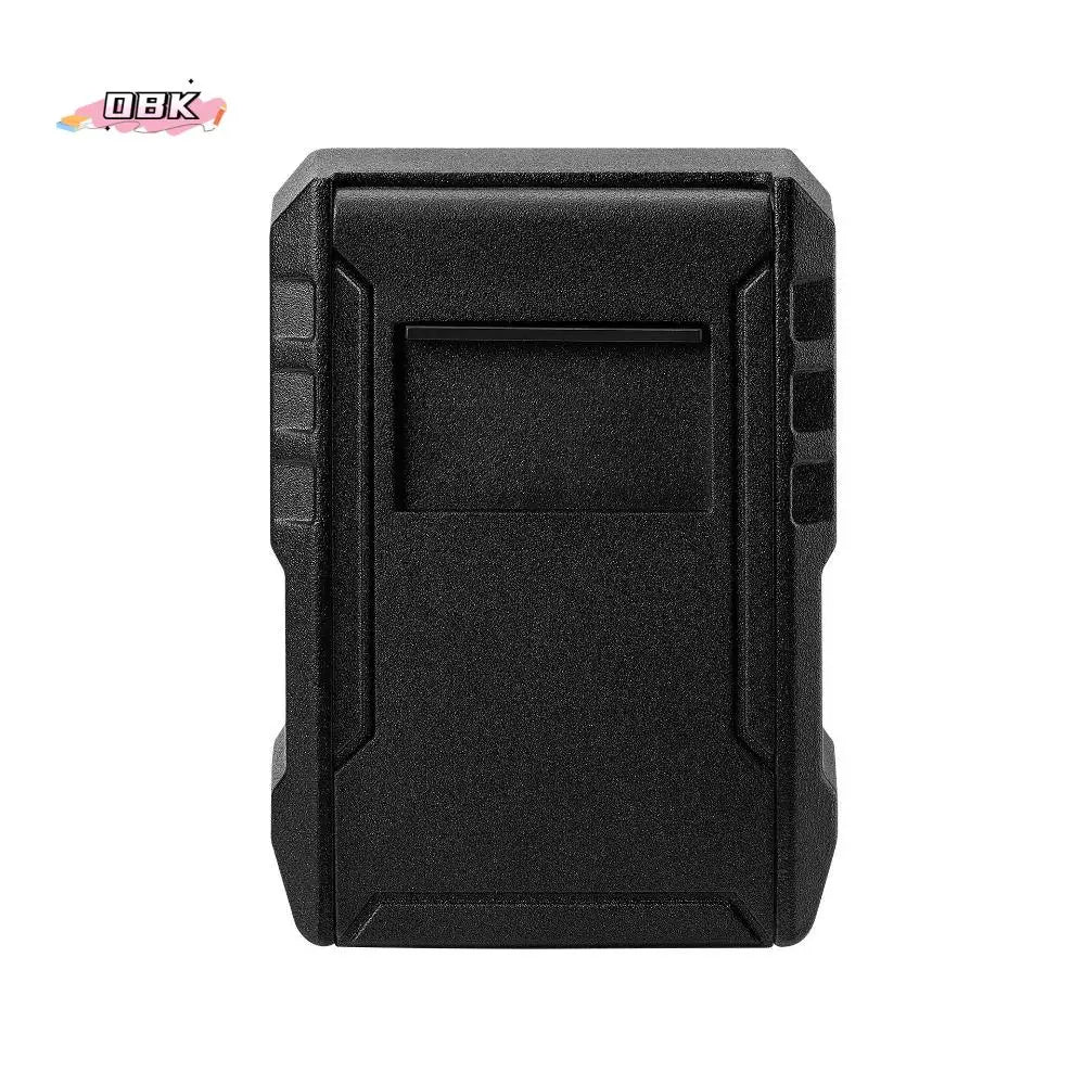 Black rectangular plastic camera battery charger with a textured finish and a recessed center slot.