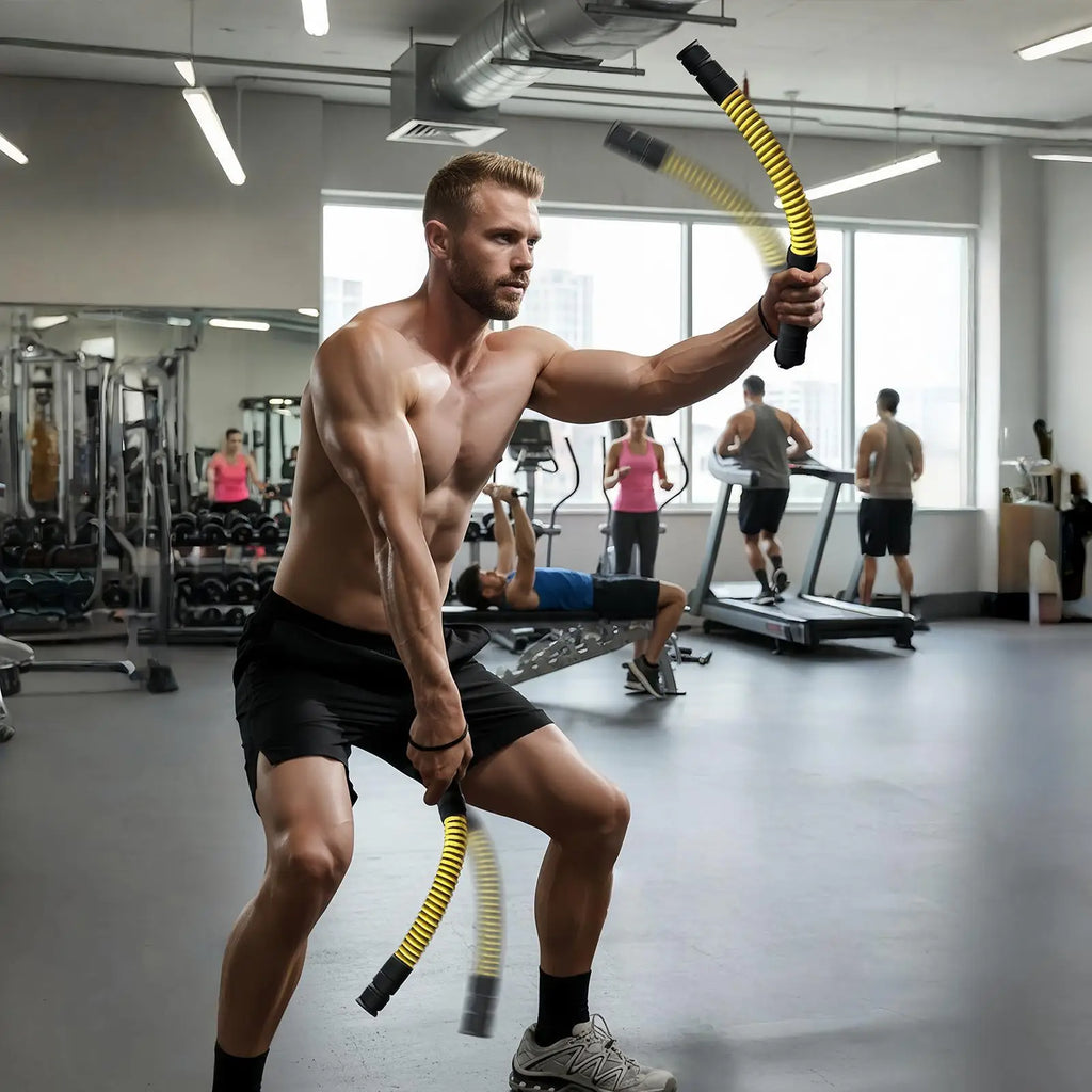 A man using two flexible yellow and black weighted fitness resistance bars in a gym setting.