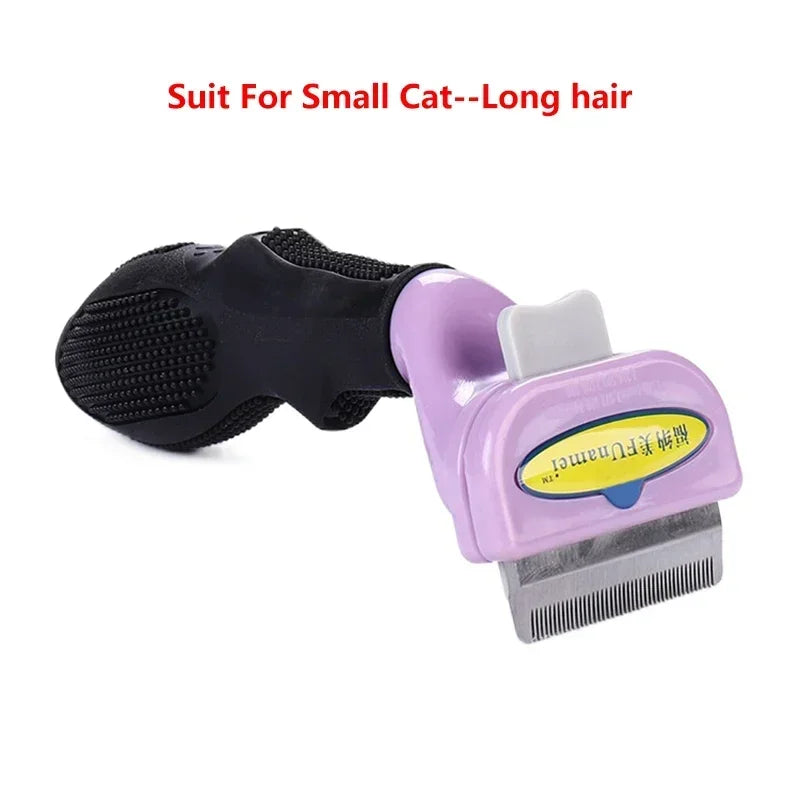 Lilac and black pet grooming brush for long-haired cats, featuring a textured rubber handle and metal comb head.