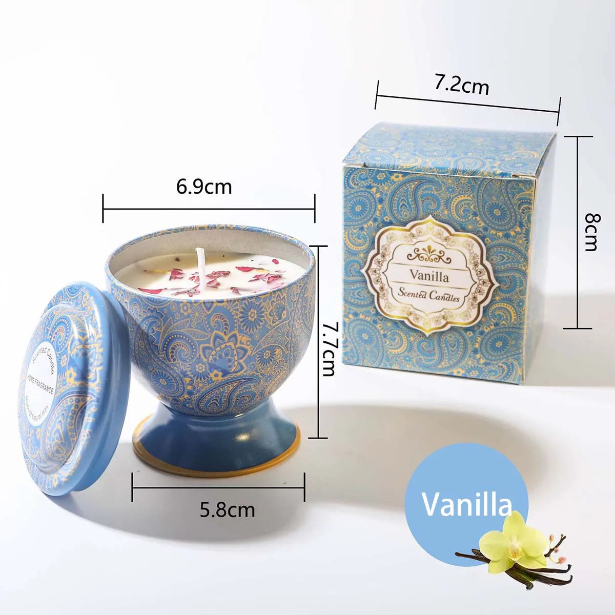 Vanilla scented candle in a blue patterned tin with lid and matching gift box, showing dimensions.