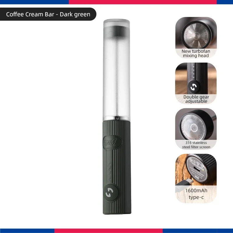 Dark green handheld electric coffee frother with a clear top, turbofan mixing head, and adjustable speed settings.