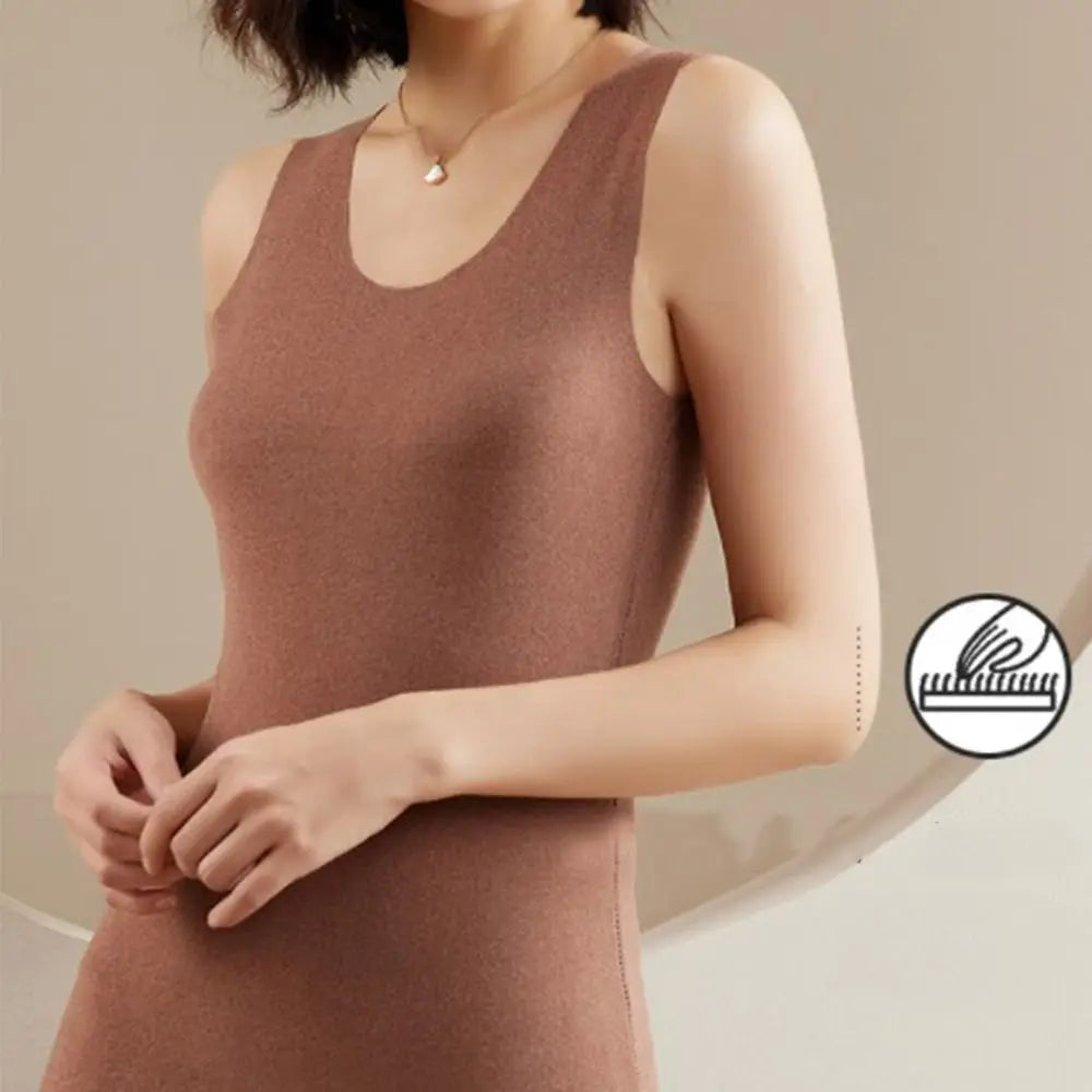 Brown sleeveless scoop-neck ribbed knit tank top, fitted style, worn by a model.