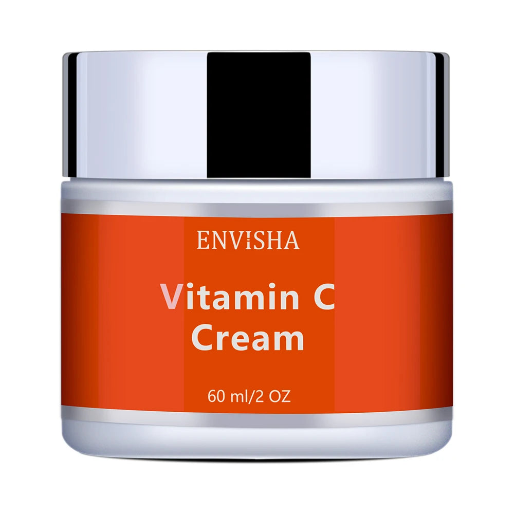60ml pot of Vitamin C face cream with an orange label and a reflective silver screw-top lid.