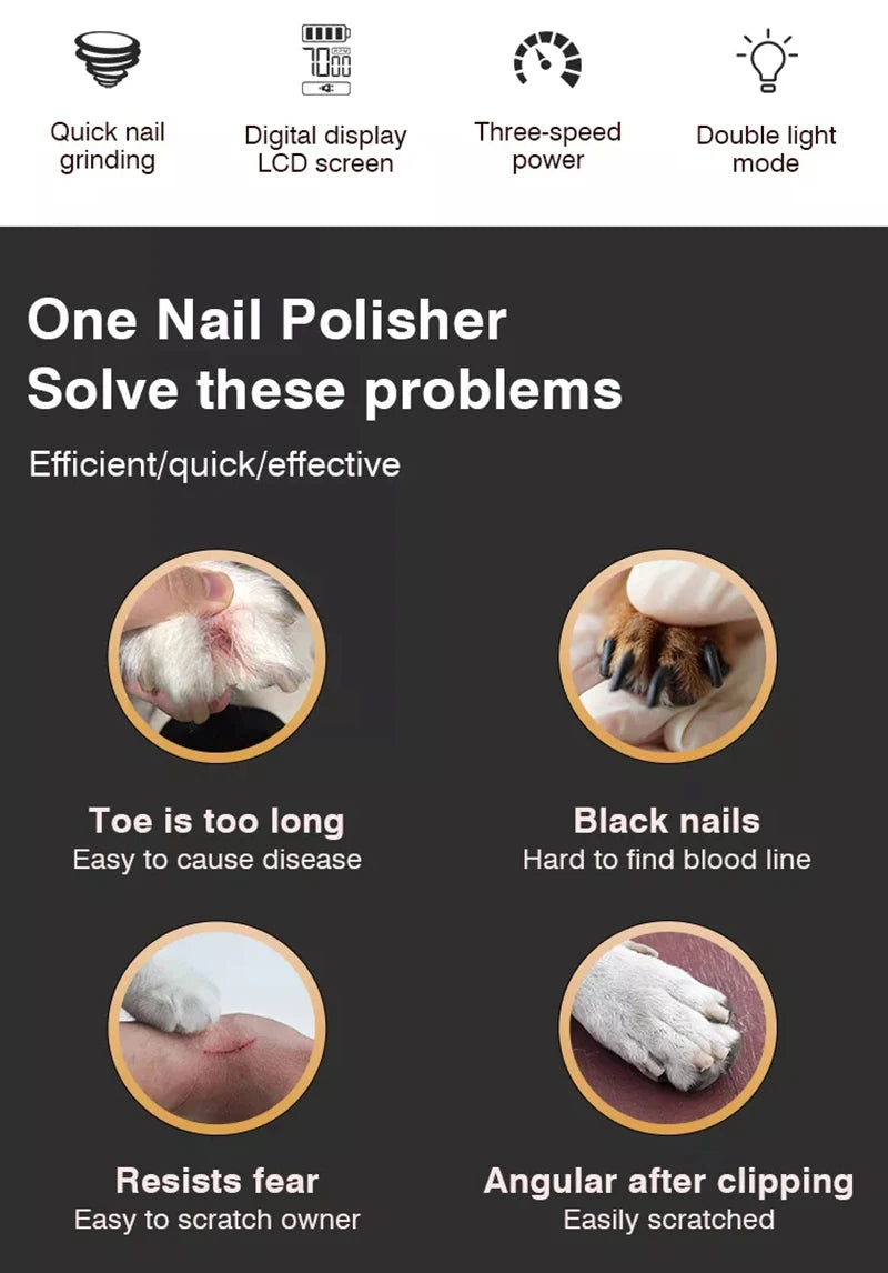 Electric pet nail grinder features: quick grinding, digital display, 3-speed settings and integrated LED light.