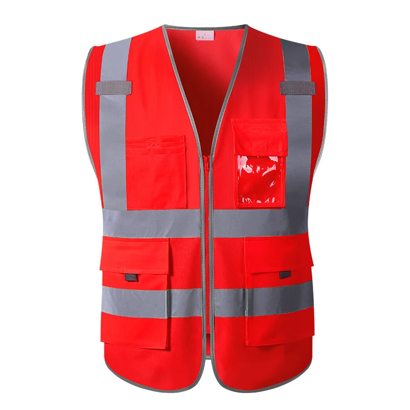 Bright red high-visibility work vest with reflective strips, front zip, and multiple storage pockets.