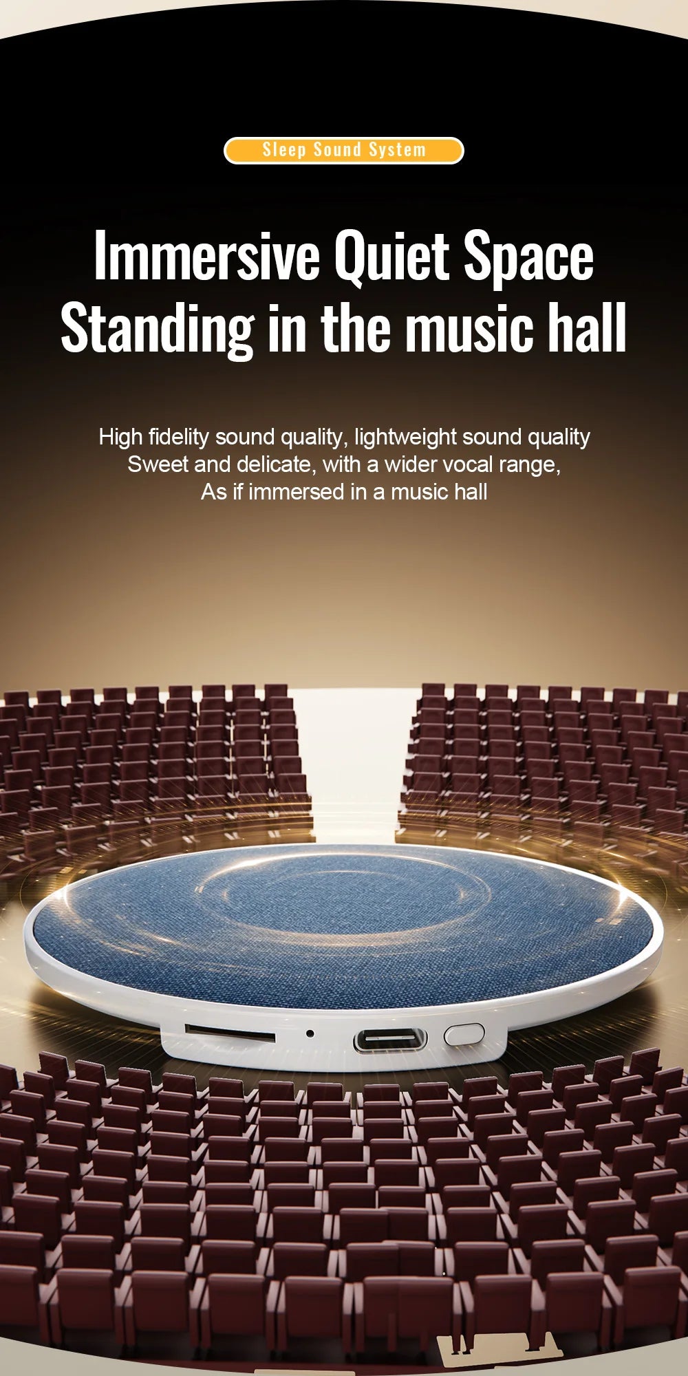 Round, blue fabric-covered wireless pillow speaker with a white base and charging port, set against a concert hall view.