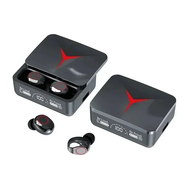Black wireless earbuds with charging cases, featuring a red glowing logo and digital battery display.
