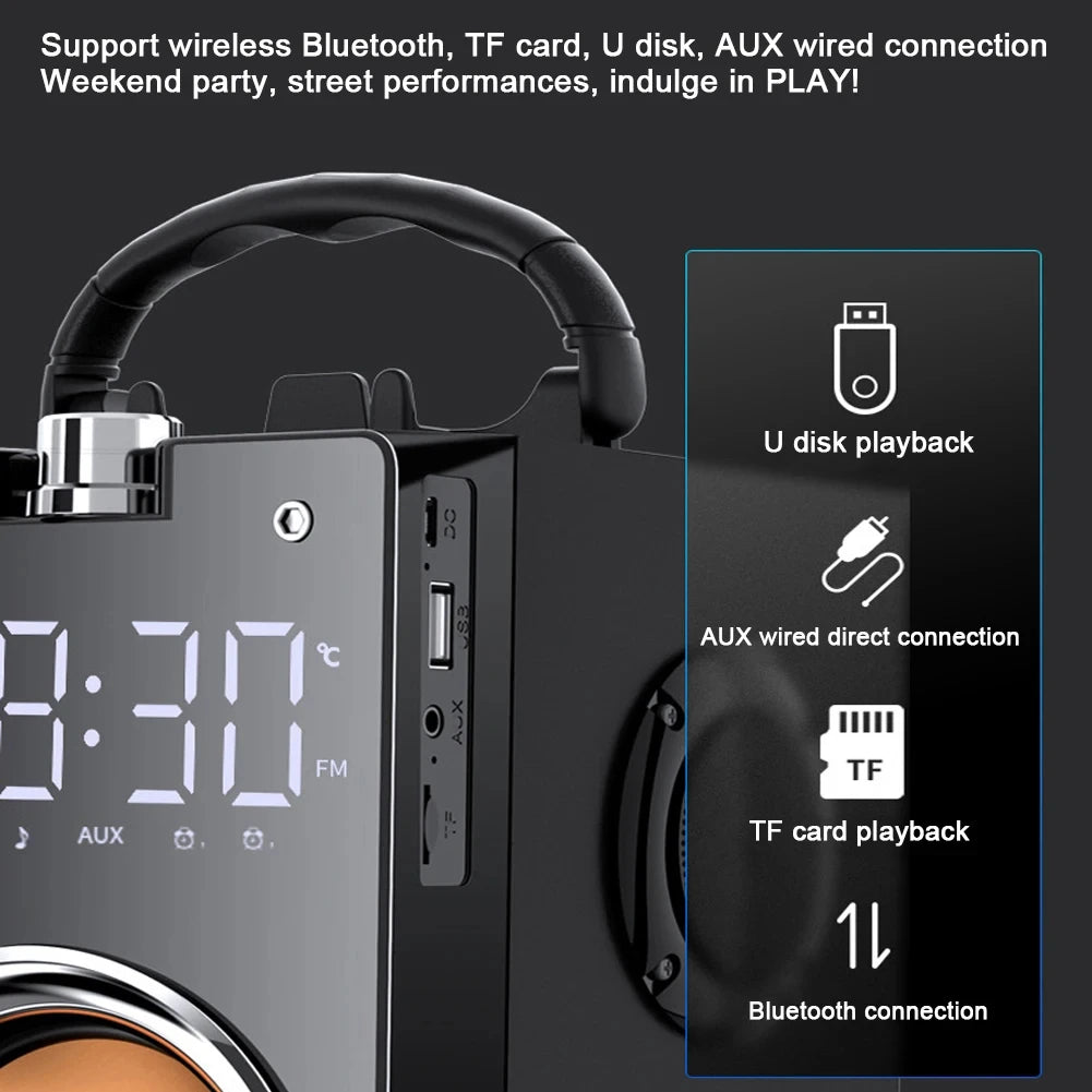 Portable black wireless speaker with digital display, carry handle, and Bluetooth, USB, AUX and TF card connectivity.