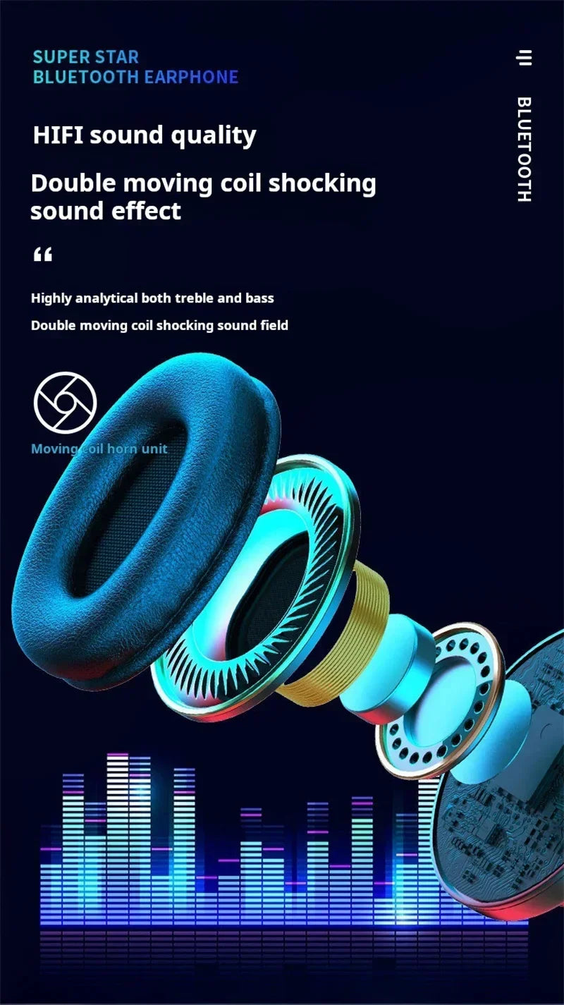 Exploded view of a wireless gaming headset featuring a blue padded earcup, internal drivers and glowing LED accents.