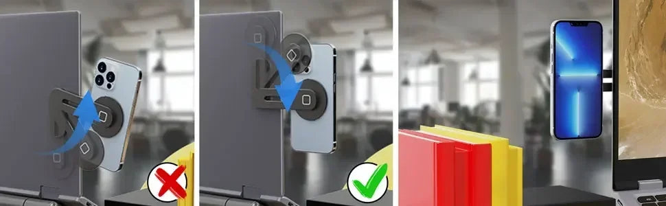 Black magnetic laptop phone mount with a swing-arm design, showing correct and incorrect positioning for side use.