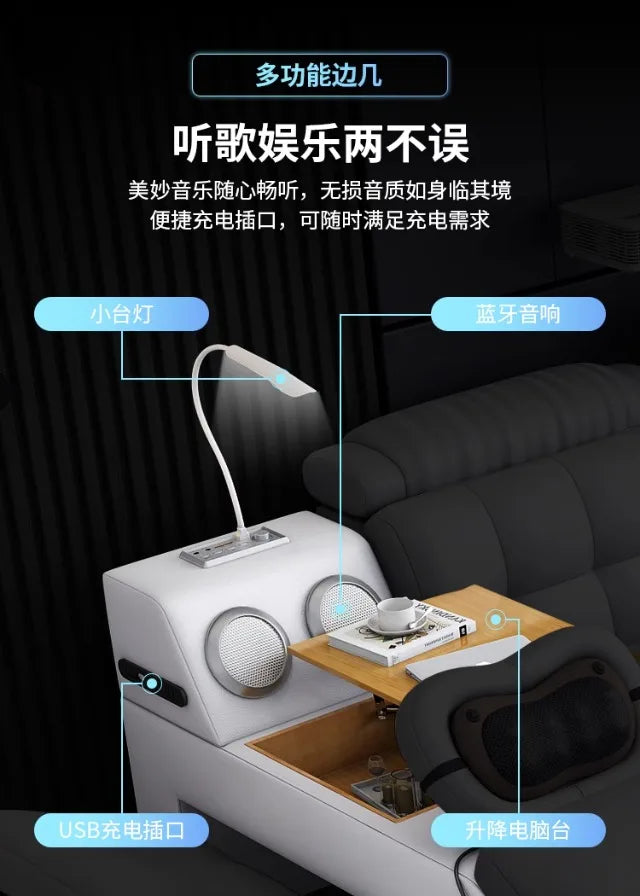 Modern white leather bedside unit featuring a built-in lamp, Bluetooth speakers, USB charging ports, and a laptop desk.
