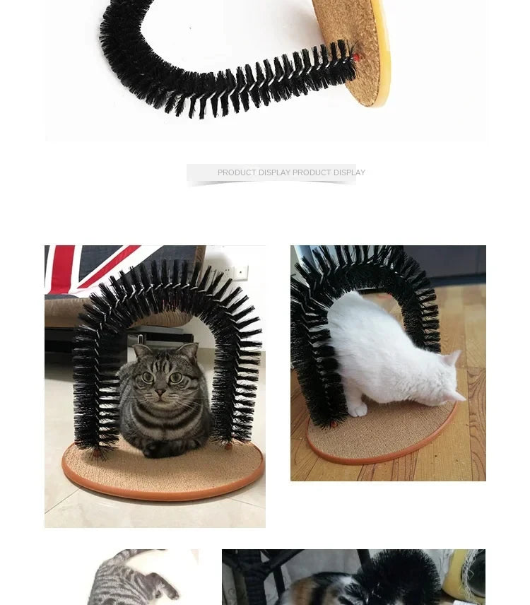 Black arch-shaped cat grooming brush on a beige circular sisal scratching pad base.