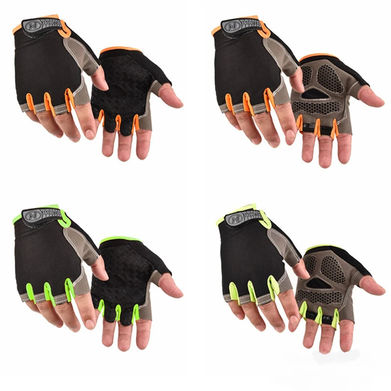 Four pairs of fingerless cycling gloves in black with orange or lime green accents, showing top and palm views.