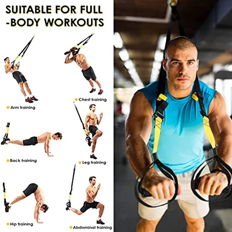 Black and yellow adjustable suspension training straps with handles, shown with workout guides.
