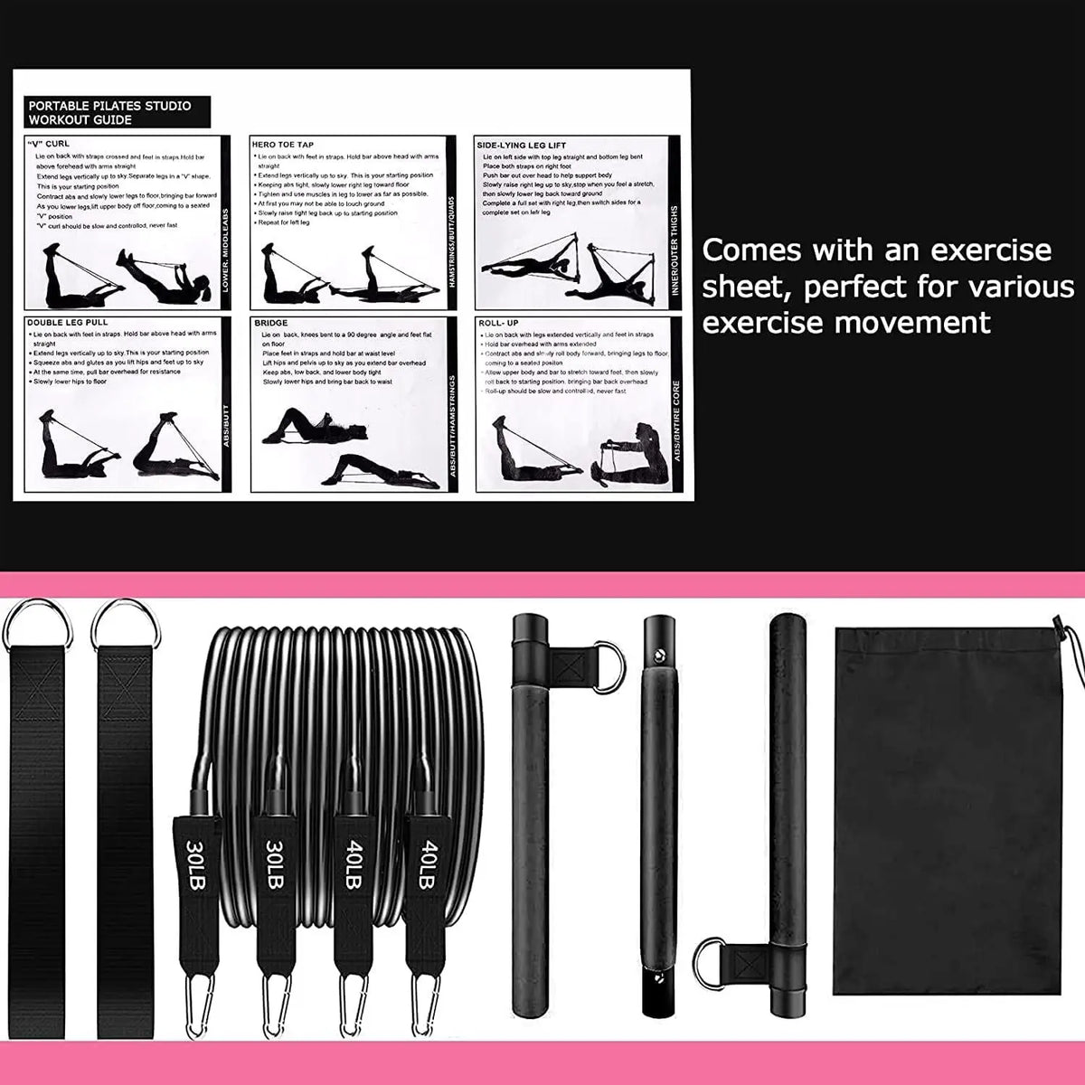 Black resistance bands set with fitness bar, straps, and exercise guide.